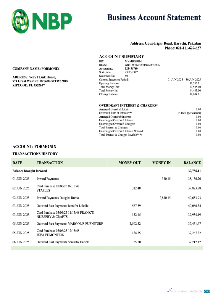 Download Pakistan NBP business checking account statement Word and PDF template Photoshop template